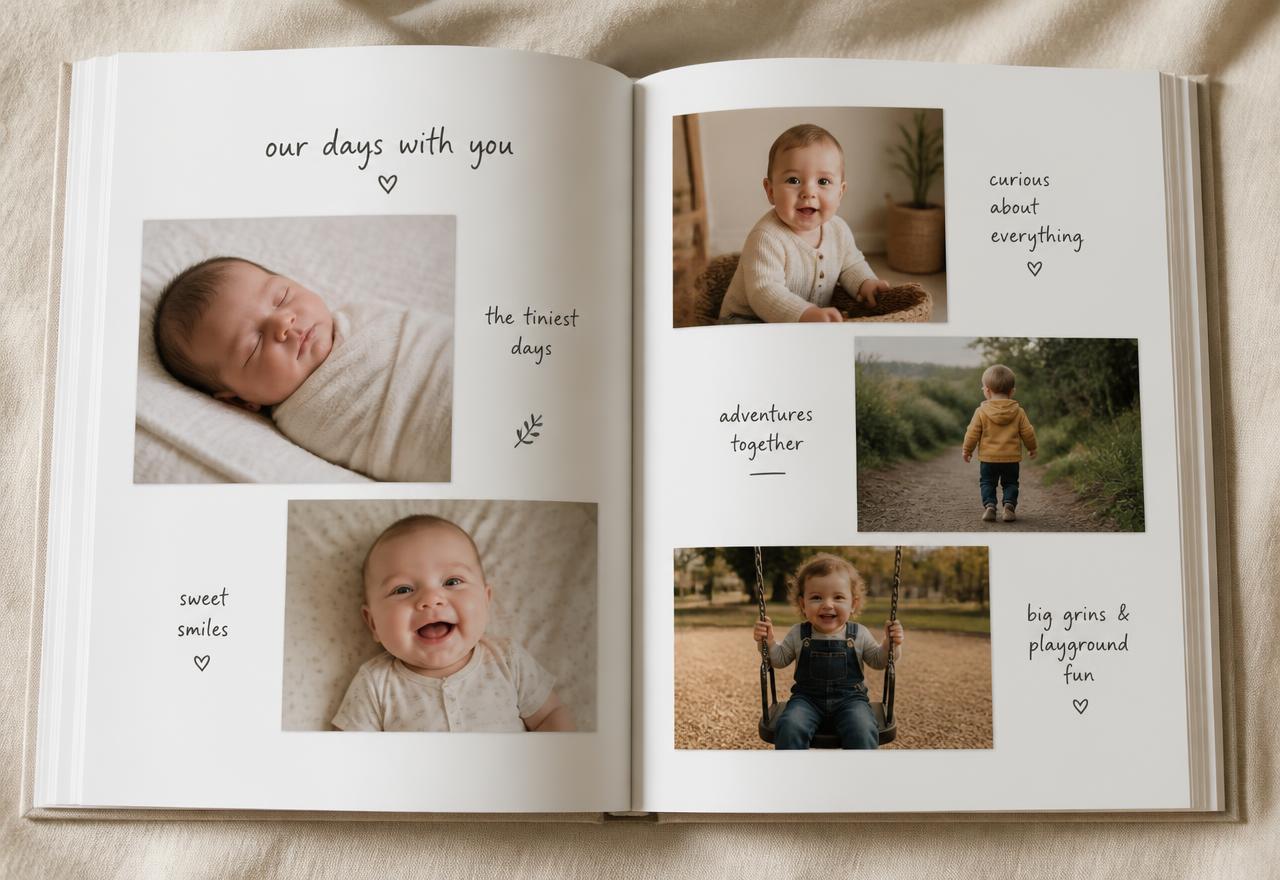 An open Grow & Caption book showing a weekly story on the left page and a photo collage on the right page.